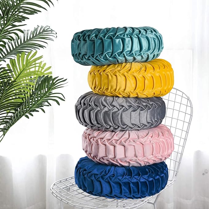 HIG Set of 2 Decorative Round Pleated Throw Pillows, Classy Accent Pumpkin Throw Pillows with Center Button, Vintage Velvet Floor Pillows for Sofa Couch Vanity Chair Bed, Navy, 14.5" Diameter(Ripple)