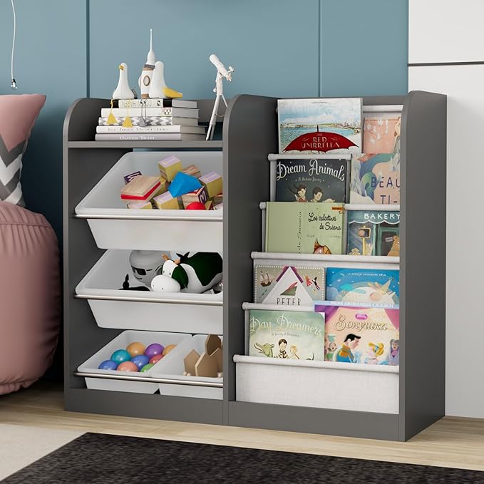 Grey Kids Wood Bookshelf Toy Storage Box Organizer Shelf W/4 Removable Plastic Toy Bins Children Bookcase Toddler Baby Sling Book Rack Cabinet Chest Girl Boy Gift Playroom Classroom Bedroom Nursery