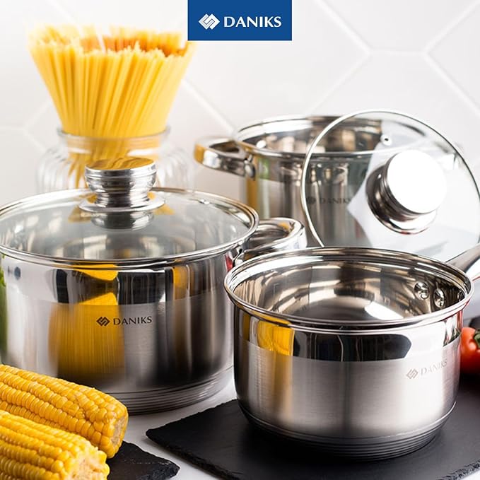Daniks Standard 9-Piece Stainless Steel Induction Cookware Set, Saucepan, Dishwasher Safe Pots, Measuring Scale, Glass Lids, For Soup, Pasta, Stew, Silver