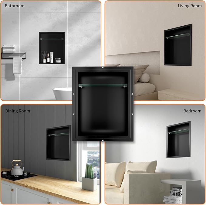 CKB Shower Niche Stainless Steel, 18 Inch x 14 Inch x 4 Inch Depth, Double-Layer Storage Shelves, Recessed Shower Shelf with Matte Black