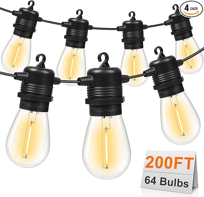 200FT(50FT*4) LED Outdoor String Lights Waterproof Patio Lights with 64 Shatterproof S14 Edison Bulbs(4 Spare), Dimmable Hanging Outdoor Light Connectable for Yard, Porch, 2700K Warm White