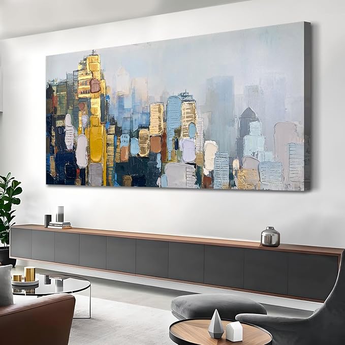 Arjun Abstract Wall Art 3D Textured Skyline Canvas Painting Gold Grey Colorful Modern Cityscape Metropolitan Picture Artwork Framed Extra Large for Living Room Bedroom Home Office Wall Decor, 58"x29"