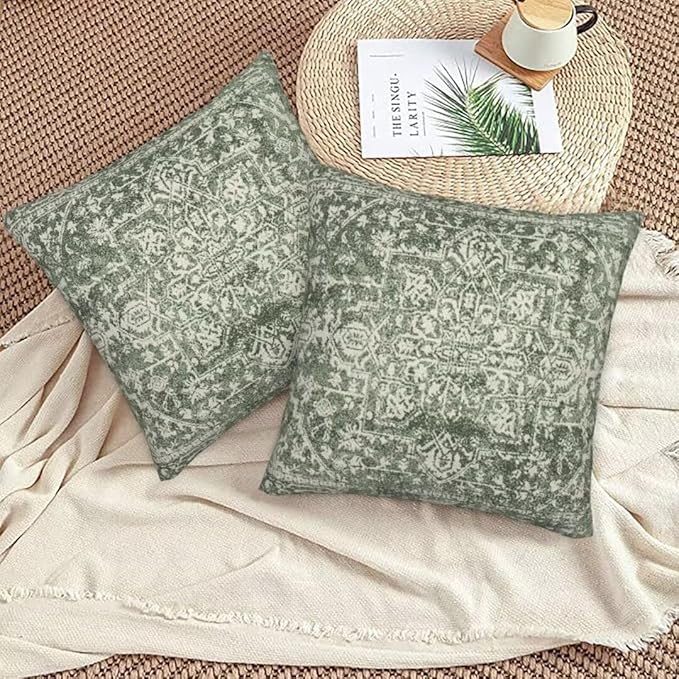 Sage Green Boho Pillow Covers 16 x 16 Inch Set of 2, Bohemian Carpet Pattern Decorative Throw Pillows Ethnic Vintage Farmhouse Pillow Cases Linen Gifts for Couch Sofa Outdoor Decor