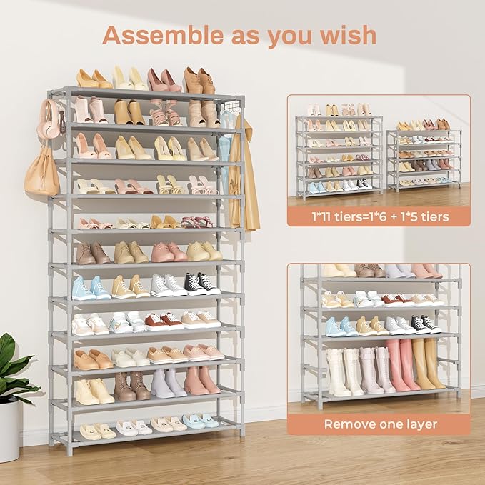 11 Tiers Tall Wide Shoe Rack 55 Pairs Large Capacity Sturdy Durable Shoe Rack for Closet Metal Shoe Organizer Shelf with Two Hooks Space Saving for Entryway Grey