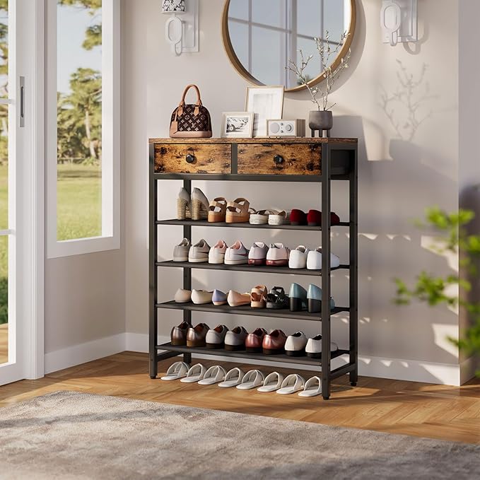 IBUYKE 5 Tier Shoe Rack, Metal Shoe Storage Organizer with 2 Drawers, Shoe Storage Rack for 12-16 Pairs of Shoes, Modern Shoe Stand with Fabric Shelf for Entryway Closet Bedroom, Rustic Brown TXJ040H