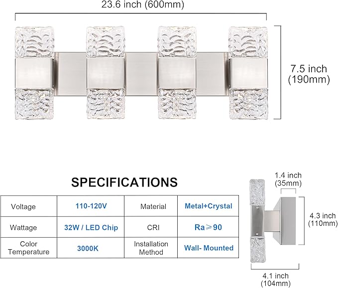 MELUCEE Brushed Nickel Bathroom Light Fixtures Over Mirror 23.6 Inch, 32W Dimmable 3000K LED Vanity Light Bar, Modern Bathroom Vanity Lights Above Mirror Wall Mount, Built-in Led Chips