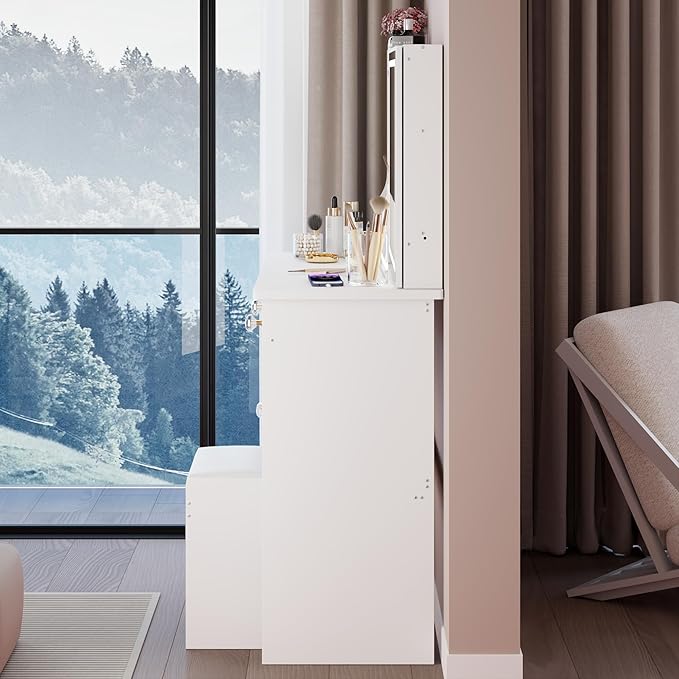 KEIKI Vanity Desk with Sliding Mirror & Cushioned Stool, 37'' Makeup Dressing Table Set for Bedrooms, Dorms, Apartments, White