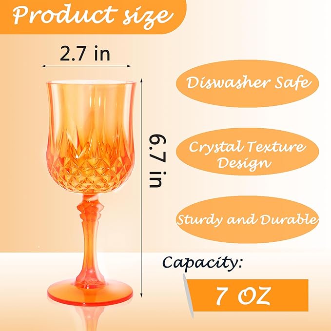 Plastic Wine Glasses，Plastic Goblets Vintage Style Cordial Drinking Glasses for Wedding Reception, Grand Event Party Supplies (24, Pumpkin orange)