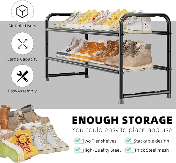 SUFAUY Shoe Rack for Closet, 33" Wide Metal Shoe Rack Organizer Heavy Duty, 2-Tier Mesh for Shoes, Black