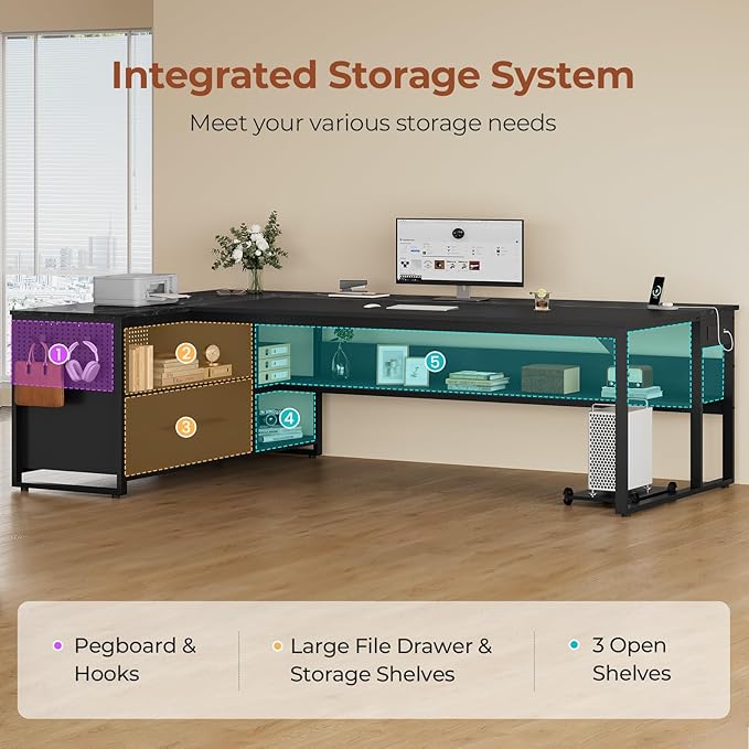 71" Executive Desk, Large Office Desk with Widen File Drawers & Power Outlets, Reversible L Shaped Computer Desk Corner Desk with Storage Shelves, CPU Stand, Hooks, Business Furniture (Black)