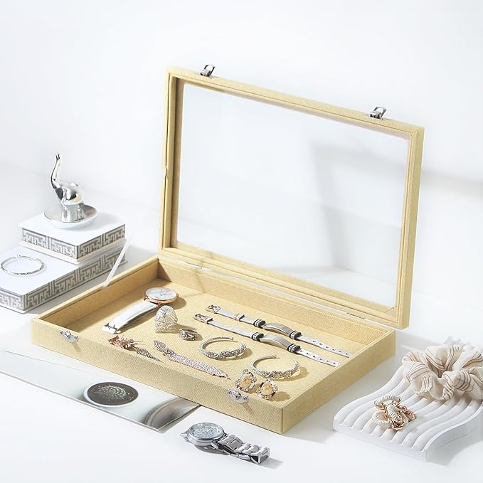 Coward Jewelry Organizer Box, Yellow Linen Blank Display Tray Case with Lid for Storage Necklaces Bracelets Rings Beads and Jewelry Accessories