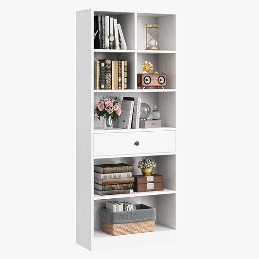 IRONCK Bookcase and Bookshelves, 70" Tall Bookshelf Floor Standing 6 Tiers Display Storage Shelves, Book Shelf with Drawers for Home Office, Living Room, Bedroom, Library, White