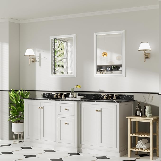 24x32 Inch White Bathroom Mirror for Wall, Thick Metal Framed Rectangle Mirrors for Over Sink, Bedroom, Living Room, Entryway, Anti-Rust, HD Tempered Glass