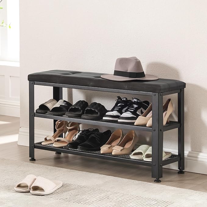 Apicizon 35.5" Shoe Rack Bench, 3-Tier Entryway Bench, with Leather Seat and Metal Frame, Loads 300 lb, Suitable for Living Room, Hallway, Mudroom, Doorway, Black