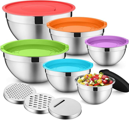 P&P CHEF Mixing Bowls with Lids Set of 6, Stainless Steel Nesting Salad Bowl & 3 Grater Attachments for Prepping Storing, 4.6/2.6/2/1.5/1/0.7 QT, Multicolor