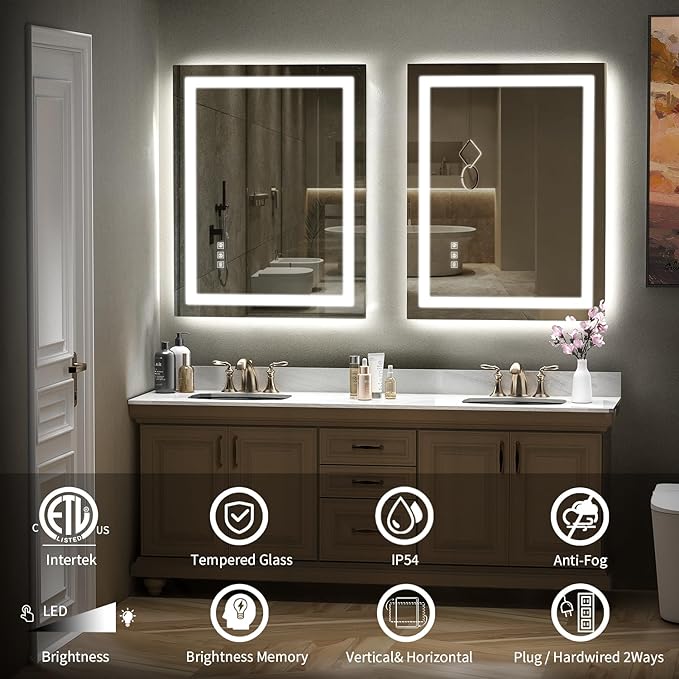 LED Mirror for Bathroom, 28x36 Inch Backlit + Front Lighted Bathroom Vanity Mirror with Lights for Wall, Double Light Strips, 3 Colors, Shatter-Proof, Anti-Fog and Brightness Memory