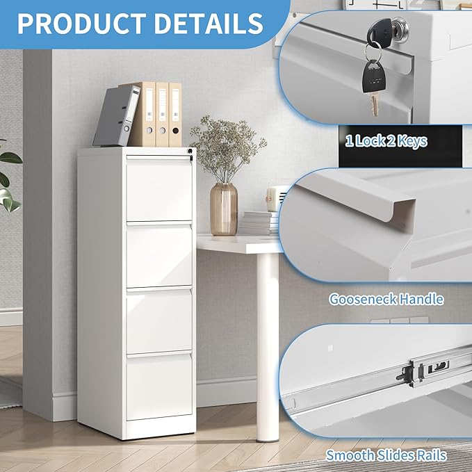AQY 4 Drawer File Cabinet with Lock, Metal Filing Cabinet for Home Office,Vertical Storage Drawer for Hanging A4/Letter/Legal Size Files, Assembly Require