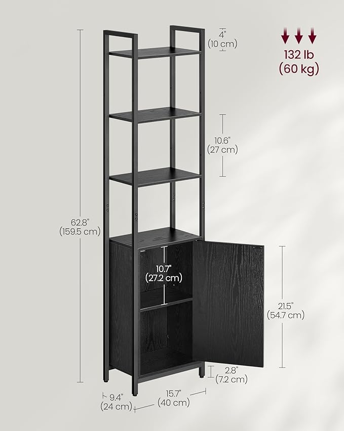 VASAGLE 6-Tier Bookshelf, Tall Bookcase with Cabinet, Steel Frame, Adjustable Shelves, 9.4 x 15.7 x 62.8 Inches, Living Room Bedroom, Ebony Black and Ink Black ULLS132B01