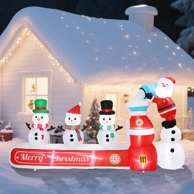 VCUTEKA Christmas Inflatables Outdoor Decorations, 8FT Blow Up Santa Claus with Three Snowmen, Animated Christmas Inflatable Yard Decoration with LED Lights for Holiday Lawn Garden Xmas Décor