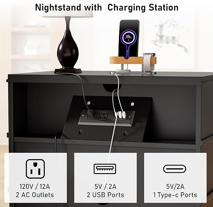 3 Drawer Nightstand with Charging Station,24" Farmhouse Night Stand, Small Chest of Drawers, Wood Bedside Table Cabinet for Bedroom, Living Room, Hallway, Black