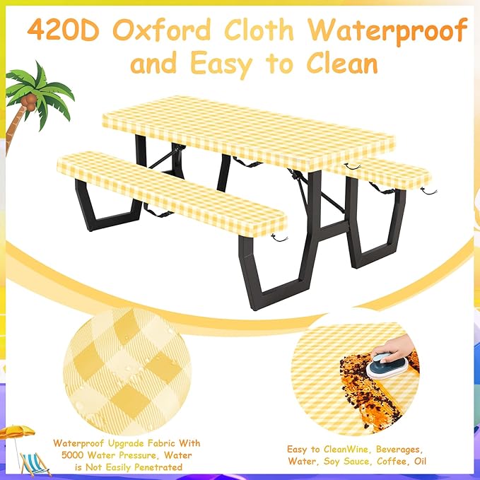 33" L x 20" W x 3" H Yellow Grid Picnic Table Cover for Kids, Fitted Tablecloth for Outdoors Oxford Cloth Waterproof Cloth for Camping Home Goods Indoor Outdoor Patio BBQ