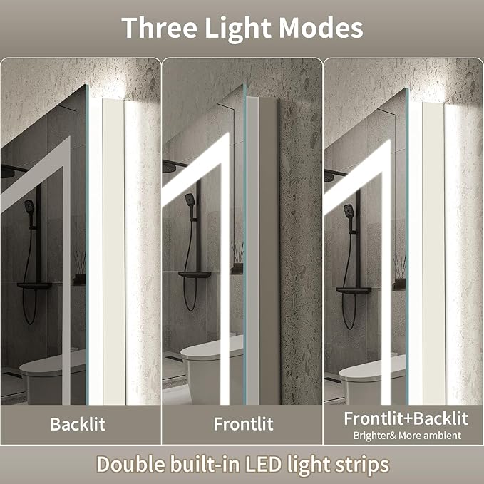 LED Mirror for Bathroom, 55x30 Inch Backlit + Front Lighted Bathroom Vanity Mirror with Lights, Double Light Strips, 3 Colors, Shatter-Proof, Anti-Fog and Brightness Memory
