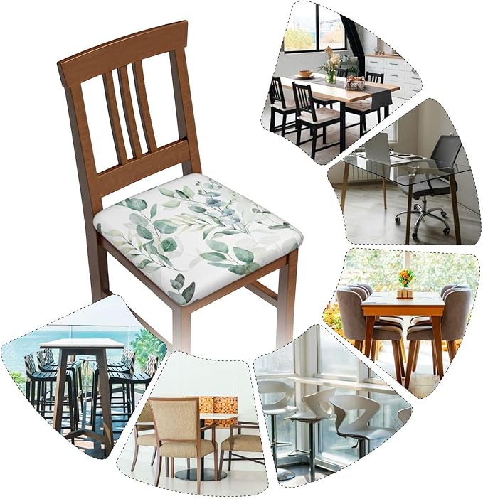 Seat Covers for Dining Room Chairsset of Set of 6, Spring Floral Green Leaf Eucalyptus Watercolor Stretch Chair Seat Covers Cushion Slipcovers for Kitchen Office