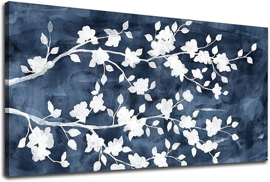 NINEASO Abstract Flowers Canvas Wall Art - Gray White Tree Floral Branches Pictures Wall Decor White Blossom Deep Indigo Blue Background Painting Artwork for Living Room Bedroom Home Decor 29" x 58"