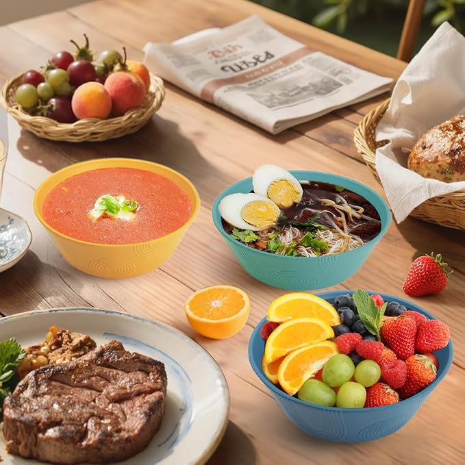 Wheat Straw Bowl Sets of 6 - 36oz Cereal Bowls with Textured Design,Large Soup Bowl - Microwave and Dishwasher Safe, Ramen Bowl Set, Alternative to Plastic Bowls for Serving Soup,Ramen,Salad - Multi