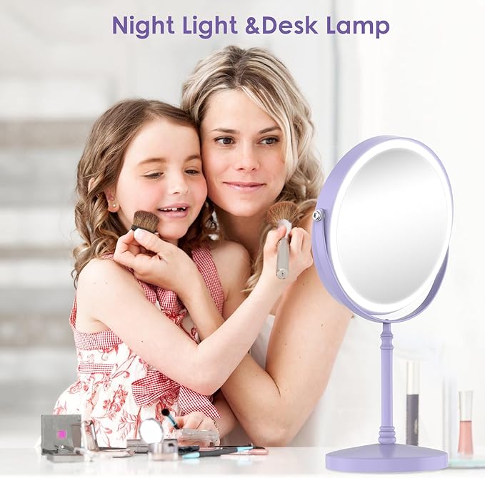 Lighted Makeup Mirror, 3000 mAh Rechargeable Double Sided Magnifying Vanity Mirror with 3 Colors, 1x/10x, 360° Rotation , Brightness Adjustable Magnification Cosmetic Light up Mirror, Women Gift