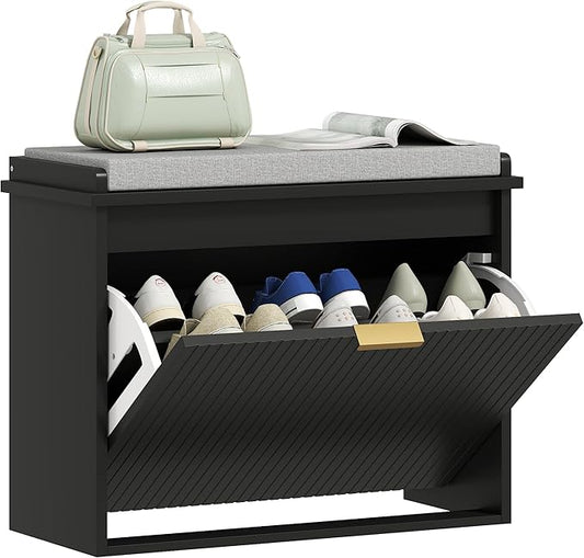 HOMCOM Narrow Shoe Bench with Padded Seat Cushion and Flip-Drawer, Small Entryway Bench Holds up to 265lb, Shoe Cabinet, 24.4x10.2x18.7 Inches, Black