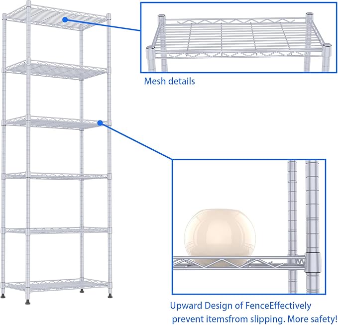 REGILLER 6 Wire Shelving Steel Storage Rack Adjustable Unit Shelves for Laundry Bathroom Kitchen Pantry Closet(Silver,11.7" D x 21.4" W x 63" H)