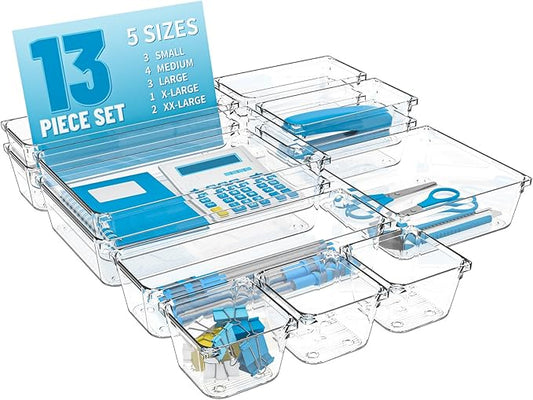 Utility Drawer Organizer Set of 13,With Non-Slip Silicone Pads, 5 Size Small Bins for Organization for Bathroom、Vanity、Nightstan、Kitchen、Office Desk Clear Plastic Organizing Containers for Drawers
