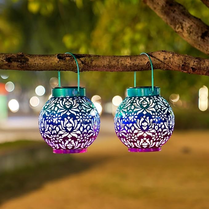 Outdoor Solar Hanging Lantern Lights Metal LED Decorative Lamp for Garden Patio Courtyard Lawn and Table with Hollowed-Out Design (Royal Purple)