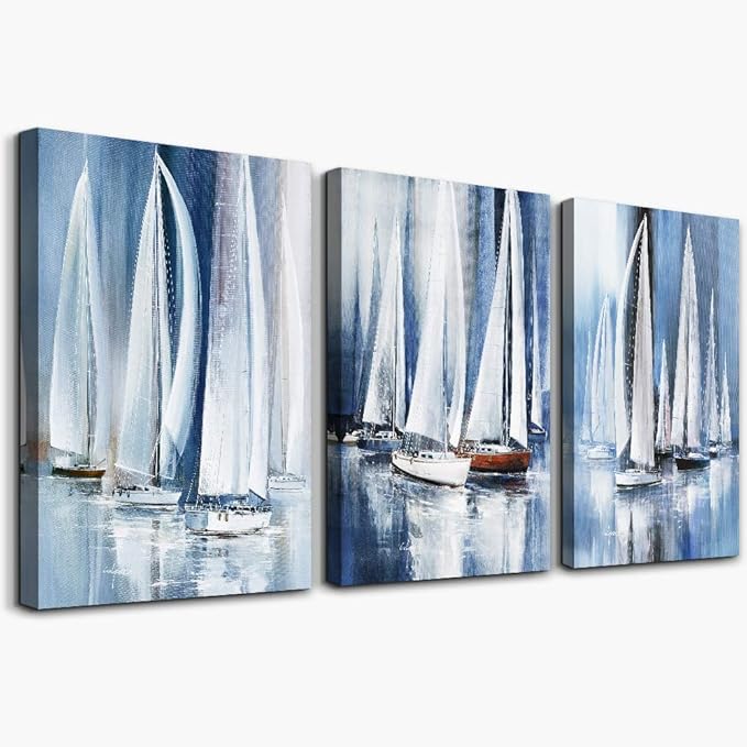 3 Piece Framed Canvas Wall Art For Living Room Bathroom Bedroom Wall Art Decor Ocean Landscape Sailboat Abstract Canvas Painting Ready To Hang Office Home Decoration Sea Poster Pictures Wall Artworks