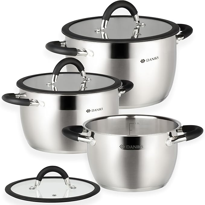 Daniks Orlando 6-Piece Stainless Steel Induction Cookware Set – Dishwasher Safe Pots with Heatproof Handles, Glass Lids, Measuring Scale, Silver