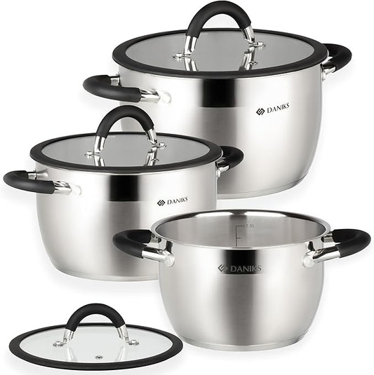 Daniks Orlando 6-Piece Stainless Steel Induction Cookware Set – Dishwasher Safe Pots with Heatproof Handles, Glass Lids, Measuring Scale, Silver