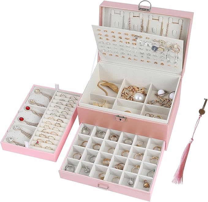 BOOVO Earring Jewelry Box For Women Girl Stud Organizer, 5 Layers Girl Jewelry Organizer Box With Lock Earring Holder Organizer Necklace Ring Jewelry Organizer Box For Girls (rose gold)