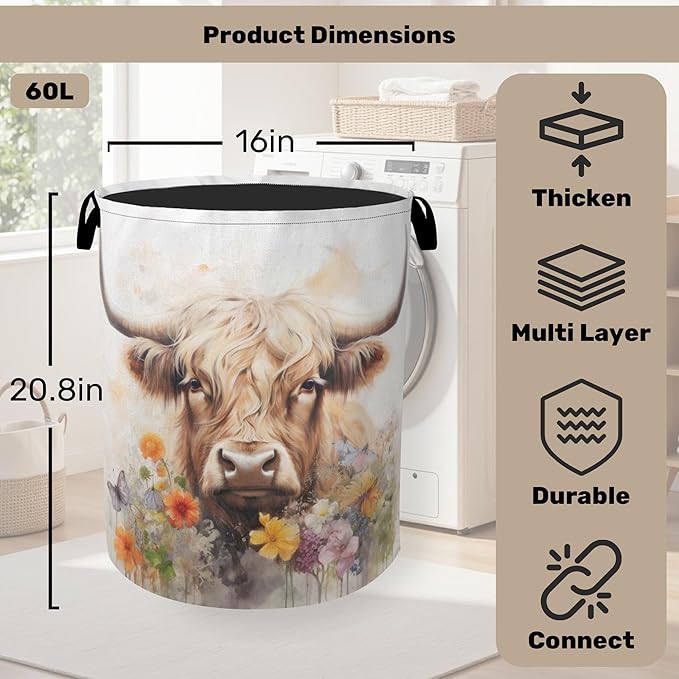 Highland Cow Summer Flowers Large Clothes Hamper Bag - Laundry Basket with Handles, Space Saving Foldable Design for Nursery