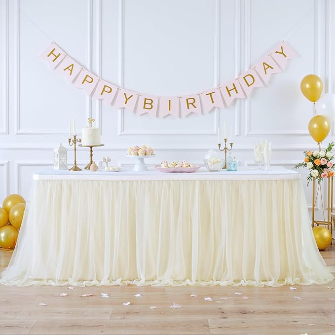 Suppromo 14ft Champagne Table Skirts for Rectangle Tables or Round Tables Champagne Tulle Tutu Table Cloths Cover for Birthday Party Wedding Baby Shower Dessert Cake Table Decorations