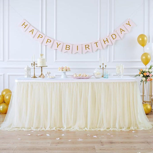 Suppromo 14ft Champagne Table Skirts for Rectangle Tables or Round Tables Champagne Tulle Tutu Table Cloths Cover for Birthday Party Wedding Baby Shower Dessert Cake Table Decorations