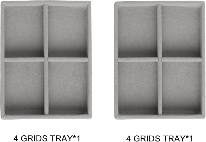 Frebeauty Small Jewelry Tray Set,Stackable Velvet Jewelry Organizer Tray,Mini Jewelry Drawer Organizer,Drawer Inserts,4.92 x 3.74 x 0.9 Inches,4 Grid Earring Organizer for Women(Set 2,Grey)