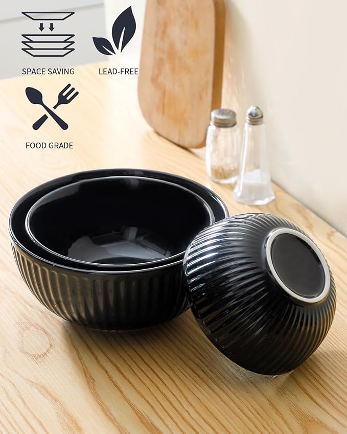 Hasense Small Mixing Bowls of 3, Porcelain Ribbed Black Bowls 1.5/1/0.5 Qt For Kitchen, Cooking, Baking and Serving Prep Bowls for Salad, Pasta, Modern Kitchen Dish Dishwasher & Microwave Safe