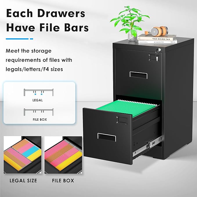 Greenvelly 2 Drawer File Cabinet with Lock, Black Metal Vertical Filing Cabinet for Home Office Fit Legal/Letter/A4/F4 Size with Hanging Bars&Key