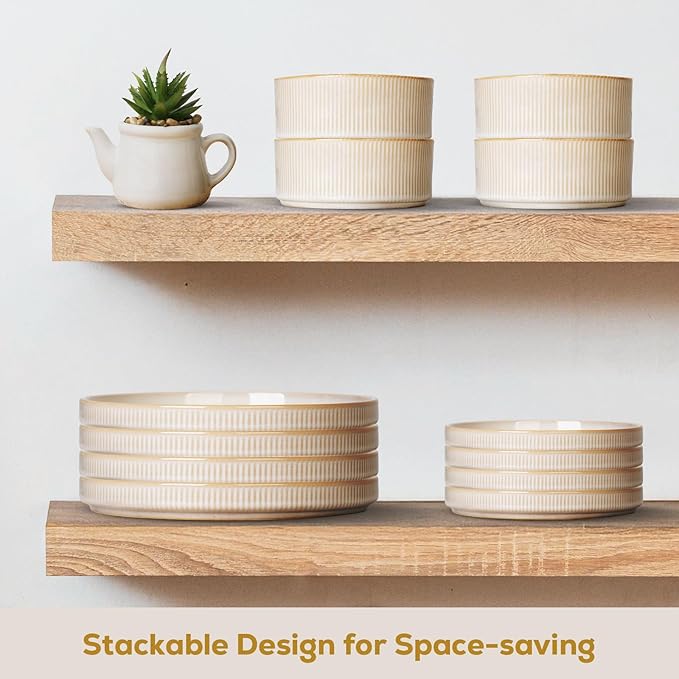 Romswi Dinnerware Set for 4, 16Pcs Stoneware Plates and Bowls Sets with Mugs, Chip & Scratch Resistant Dish Set, Handmade Reactive Glaze Plate Set, Oven,Microwave and Dishwasher Safe, Cappuccino White