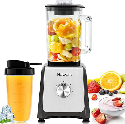 HOWORK Blender for Smoothies, 750W Personal Blender, 56 Oz Glass Jar, 16oz Portable Cups,2+P speed, 3 Functions for Smoothies, Frozen Drinks & Ice Cream,Grey