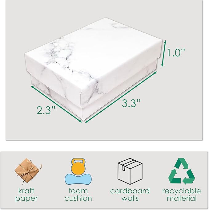 TheDisplayGuys - 24-Pack Cardboard Kraft Paper Jewelry Gift Boxes w. Velvet Padding - Necklace/Pendant - Marble White - #32 (3.3" x 2.3" x 1.0")