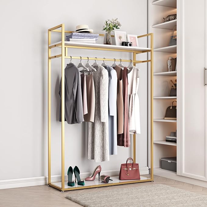 Heavy Duty Clothing Rack with Shelves for Hanging Clothing, Gold Metal Freestanding Garment Rack for Retail Display (47.24" L)