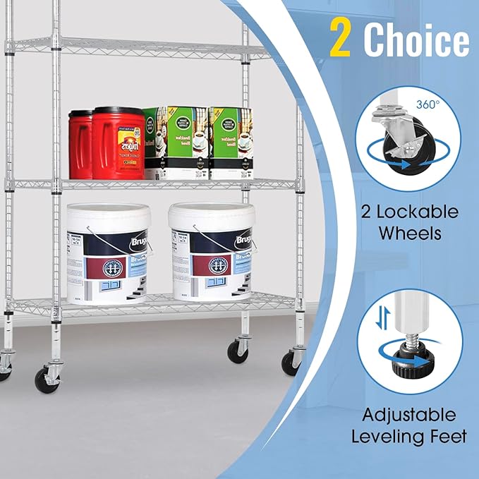 PayLessHere 4-Tier Adjustable Shelf Shelving Unit Shelves Shelf Heavy Duty Storage Steel Organizer Wire Rack (350 lbs Loading Capacity per Shelving) with Wheels Multi-Function Easy Assembly,Chrome