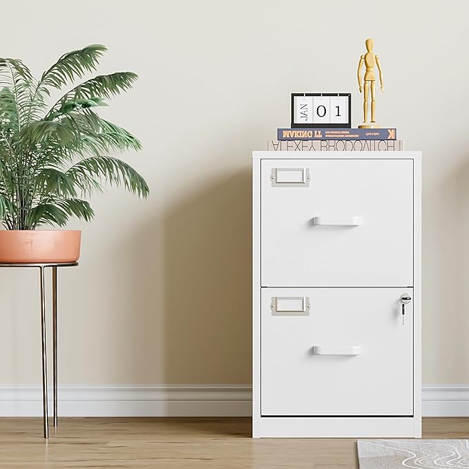 2 Drawer Vertical File Cabinet with Lock, White Metal, Under Desk, Easy Assemble